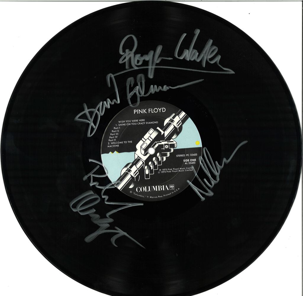 One of my prize musical collectibles: A vinyl Wish You Were Here album signed by Nick Mason, Richard Wright, Roger Waters and David Gilmour.